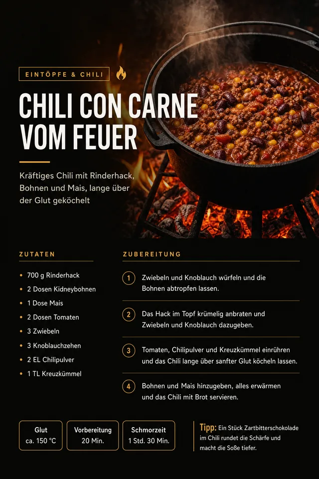 Rezeptseite „Chili con Carne vom Feuer“ aus Dutch Oven Kochbuch