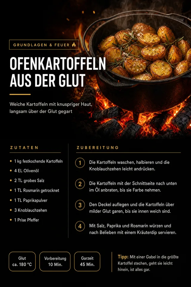 Rezeptseite „Ofenkartoffeln aus der Glut“ aus Dutch Oven Kochbuch