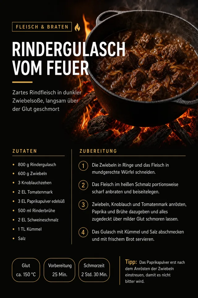 Rezeptseite „Rindergulasch vom Feuer“ aus Dutch Oven Kochbuch